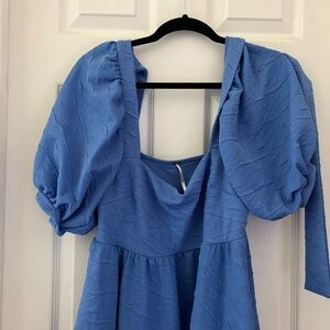 Free People MEDIUM Violet Mini Dress Blue Bow Tie Back Puff Sleeve Babydoll